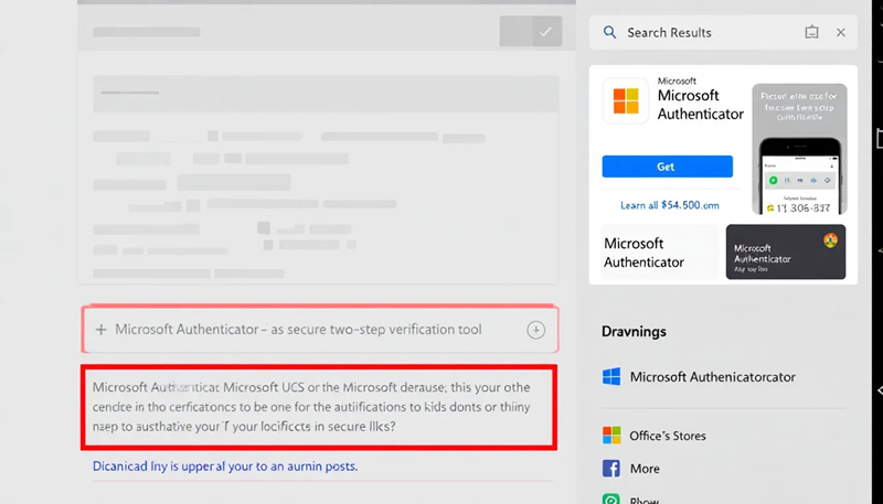 The image displays a computer screen showing the App Store search results for the Microsoft Authenticator app download page, highlighting features such as multi-factor authentication, support for both Microsoft and non-Microsoft accounts, and the option to add multiple accounts. The page emphasizes the app's role in enhancing security through two-step verification and one-time password generation.