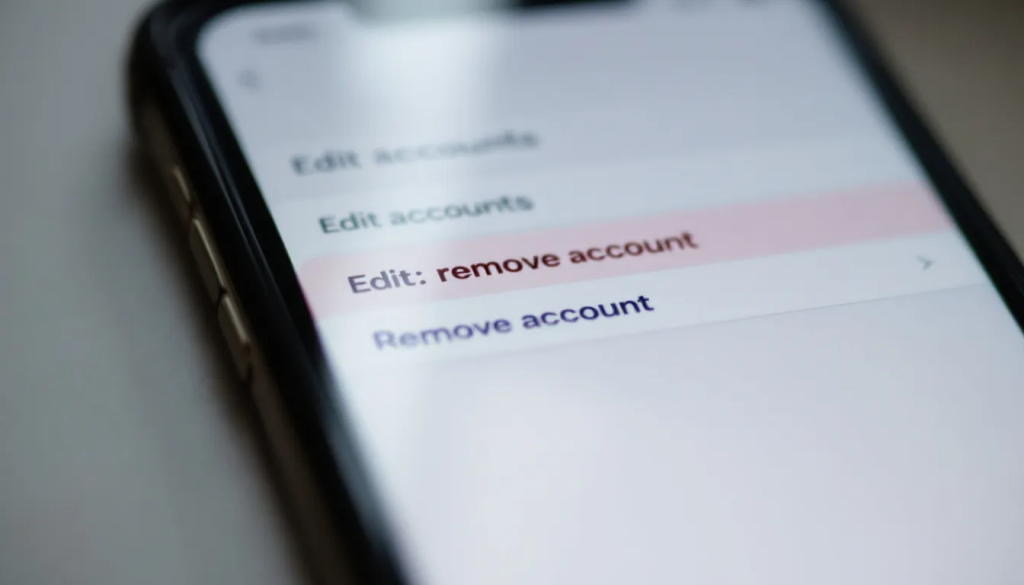 The image shows a smartphone screen displaying the account management interface of the Microsoft Authenticator app, featuring options to manage multiple online accounts, including a prominent "remove account" option. This interface is designed for secure multi-factor authentication (MFA) and includes features for logging into Microsoft and non-Microsoft accounts.