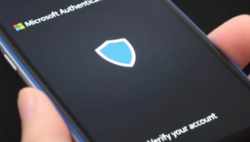 The image shows a smartphone screen displaying the Microsoft Authenticator app interface, featuring a prominent security shield icon. This app is designed for multi-factor authentication, providing an additional layer of security for online accounts, including Microsoft and non-Microsoft services.
