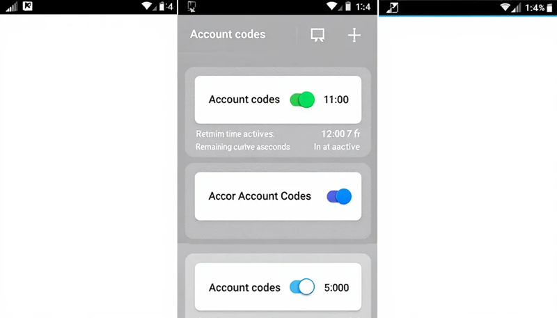 The image depicts a mobile app interface showcasing multiple account codes, each accompanied by countdown timers indicating the time remaining for authentication. This interface is likely part of an authentication app, such as Microsoft Authenticator, used for secure multi-factor authentication across various online accounts.