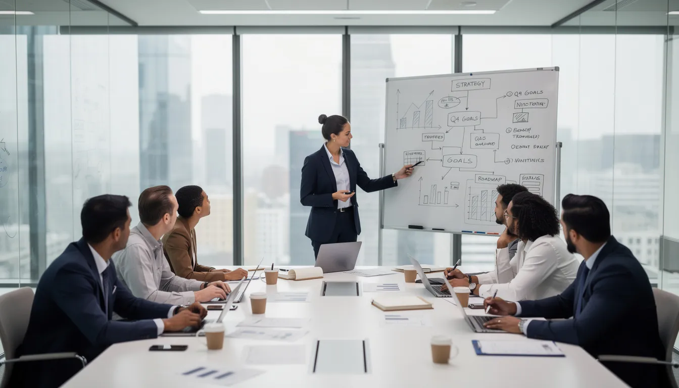 A diverse team of professionals is gathered around a whiteboard in a business meeting, actively discussing strategies and planning for achieving their business objectives. They are likely focusing on enhancing operational efficiency and driving business growth through tailored IT consulting services and innovative technology solutions.
