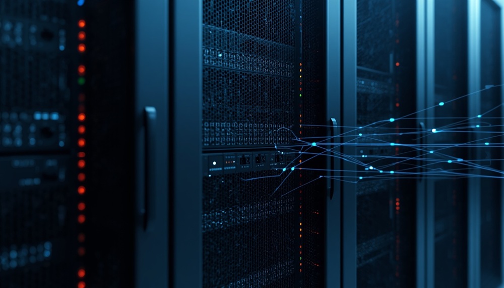 Server rack showing dynamic workload distribution across nodes