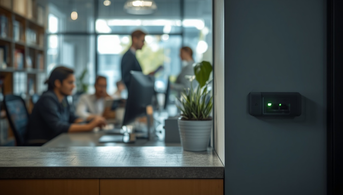 Sydney business office running normally during an internet outage — staff working at desks with green LED on networking hardware