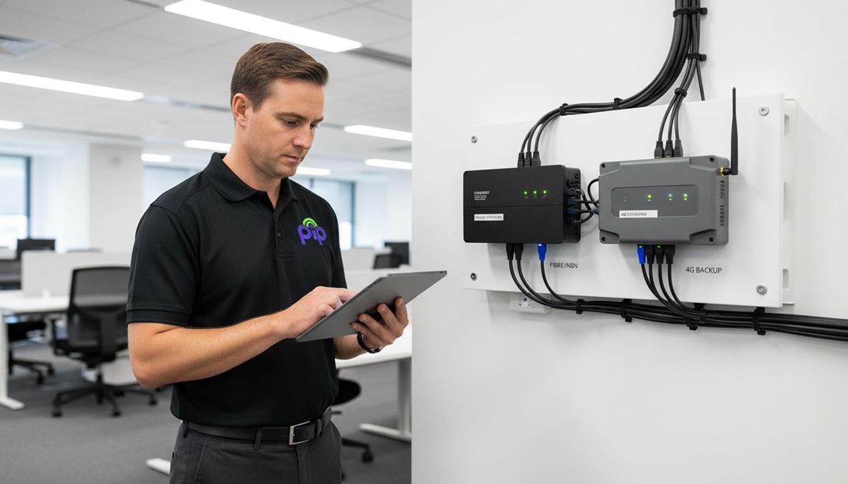 Two business-grade routers side by side in a comms board — primary and 4G backup — with a PIP technician checking a tablet