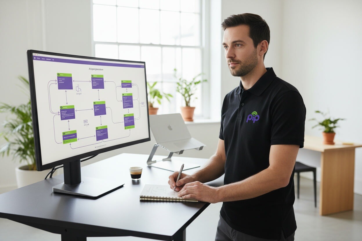 PIP engineer reviewing an AI application architecture diagram at a standing desk