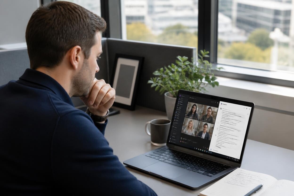 Business professional using Microsoft Copilot in Teams at a desk in a Sydney office