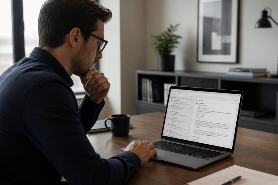 Business professional reviewing voicemail transcriptions in an email inbox
