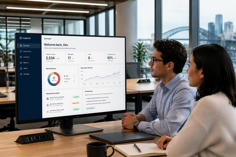 Two professionals reviewing AI-generated data dashboards on a large monitor in a Sydney office