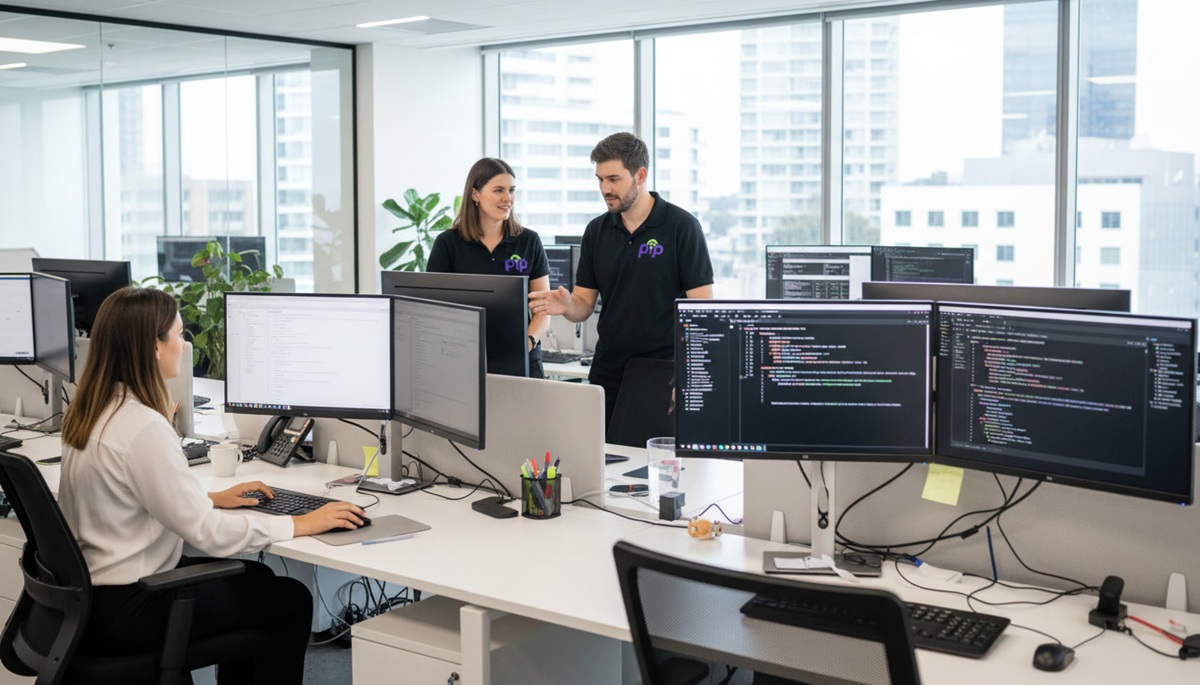 PIP team working in a modern open-plan Sydney IT office with dual monitors and networking equipment, one staff member in a black PIP polo shirt