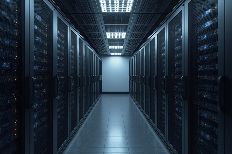 Professional server room with organised racks and active LED indicators housing Best Practice software environments