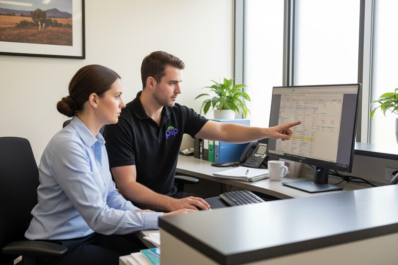 PIP IT technician and practice manager reviewing the platform at a GP clinic desk