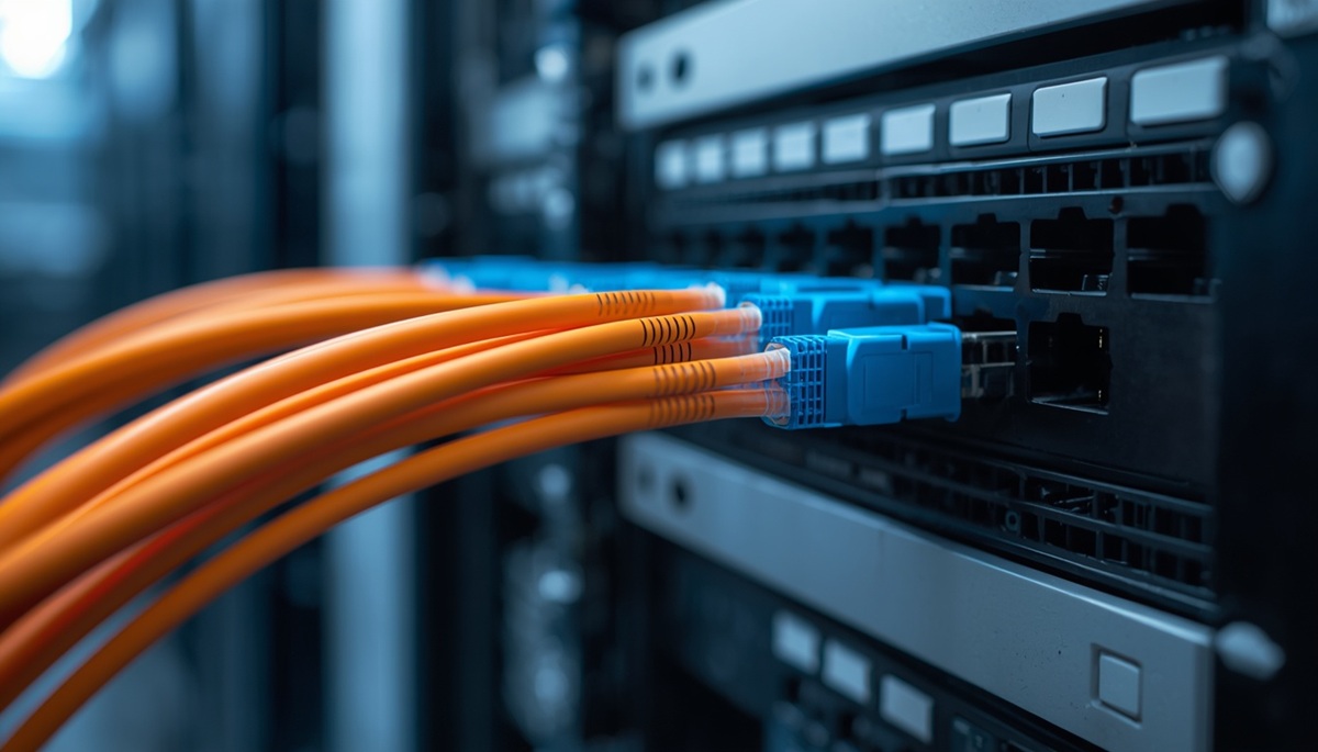 Fibre optic cable bundle terminated into a patch panel inside a clean comms room