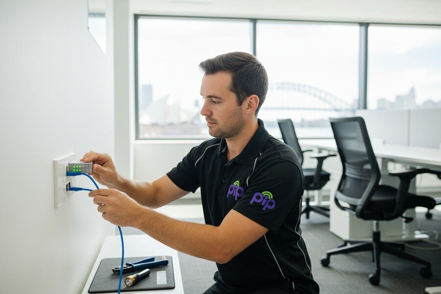 PIP technician running structured cabling in a modern Sydney office