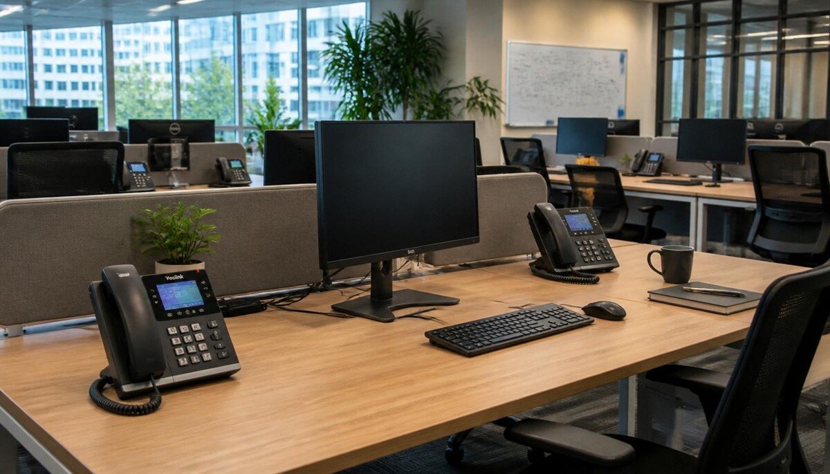 Open-plan Sydney office with Yealink IP desk phones at multiple workstations