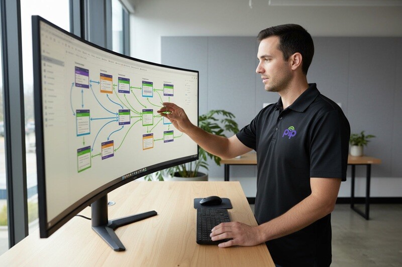 PIP engineer configuring a business process automation workflow on a wide monitor