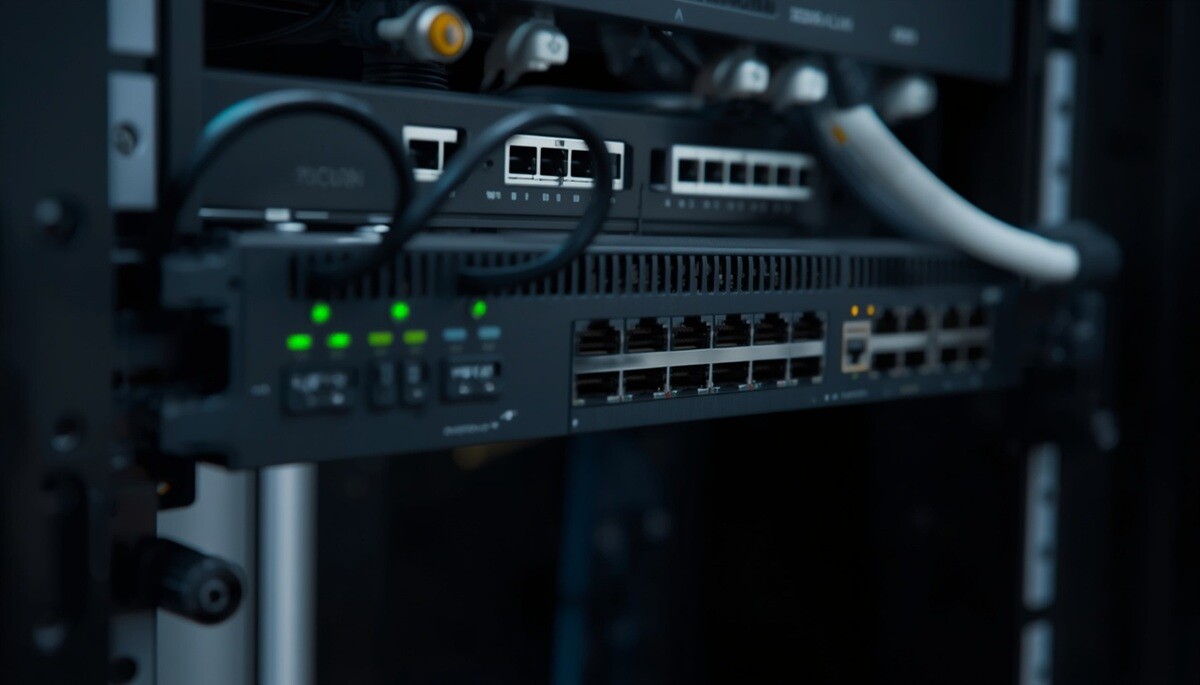 Rack-mounted Cisco router and firewall with active LEDs and neat cable management in a comms cabinet
