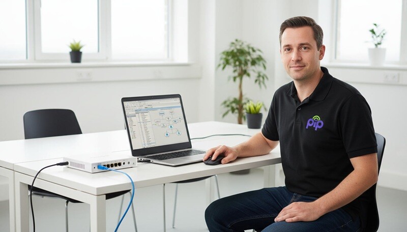 PIP technician configuring a DrayTek firewall router from a laptop showing firewall rules and a network diagram