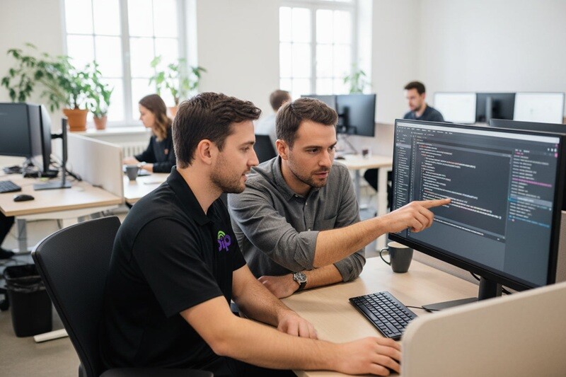 Two PIP software developers pair-programming at dual monitors in a Sydney office