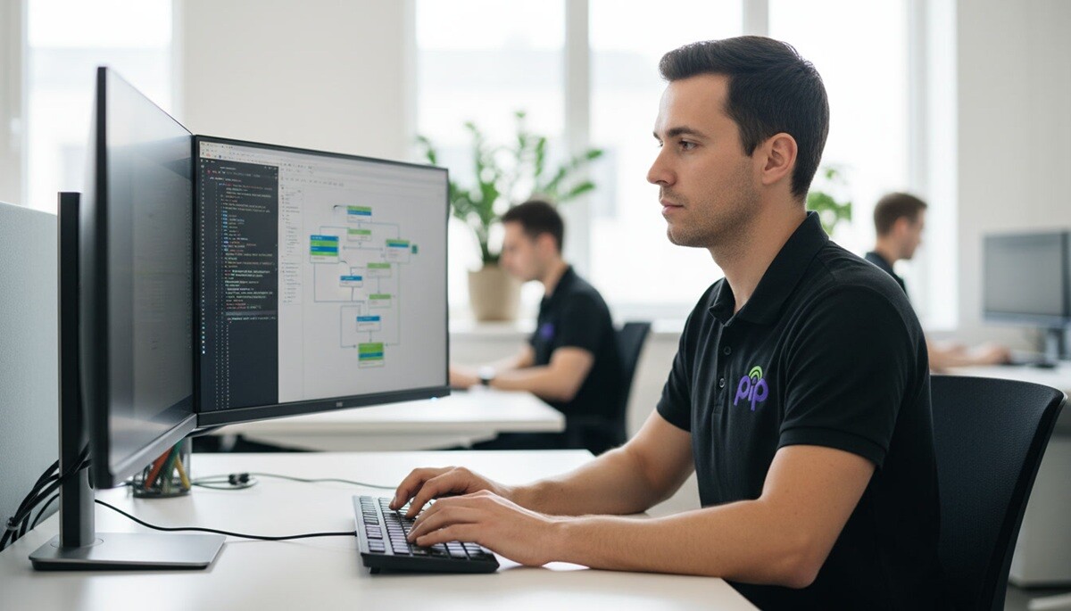 PIP engineer configuring AI software on a dual-monitor setup, one screen showing code and the other a workflow diagram