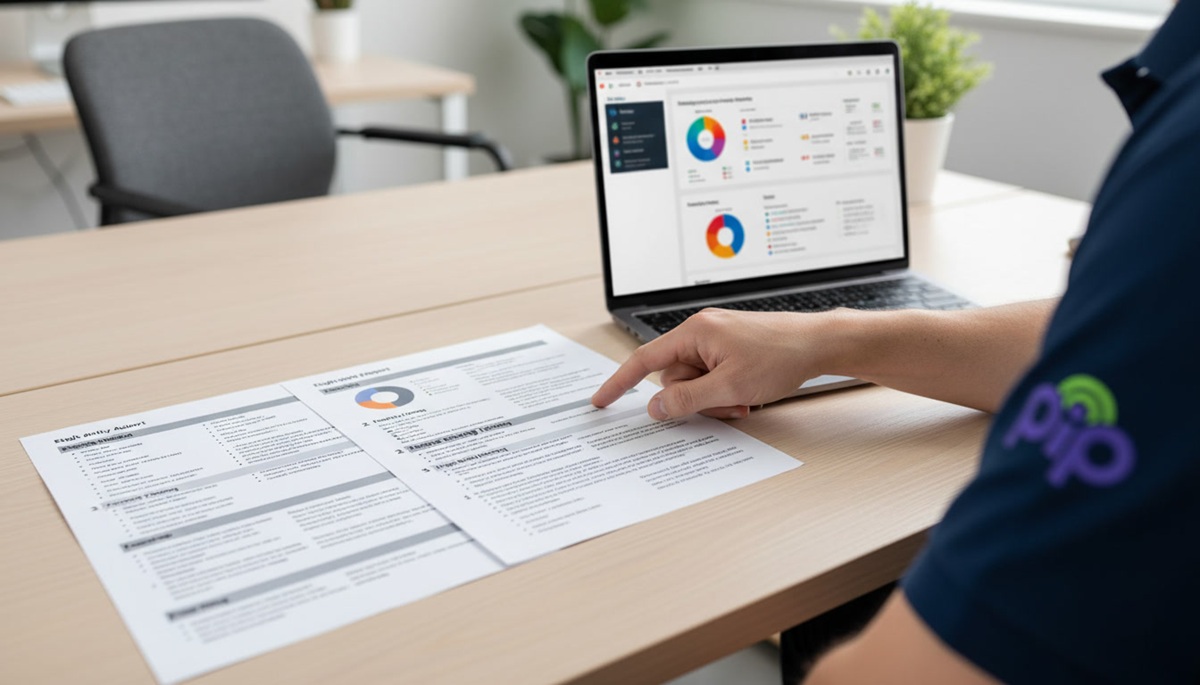 Printed security audit report open on a desk with a laptop showing a summary dashboard alongside it