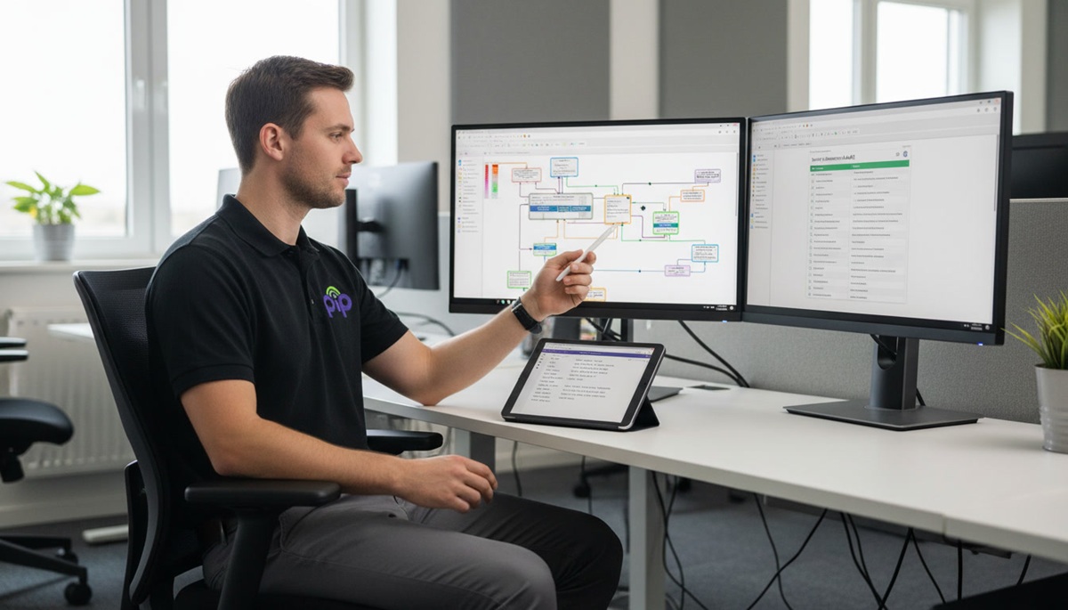 PIP technician at a dual-monitor workstation reviewing a network diagram and security assessment checklist