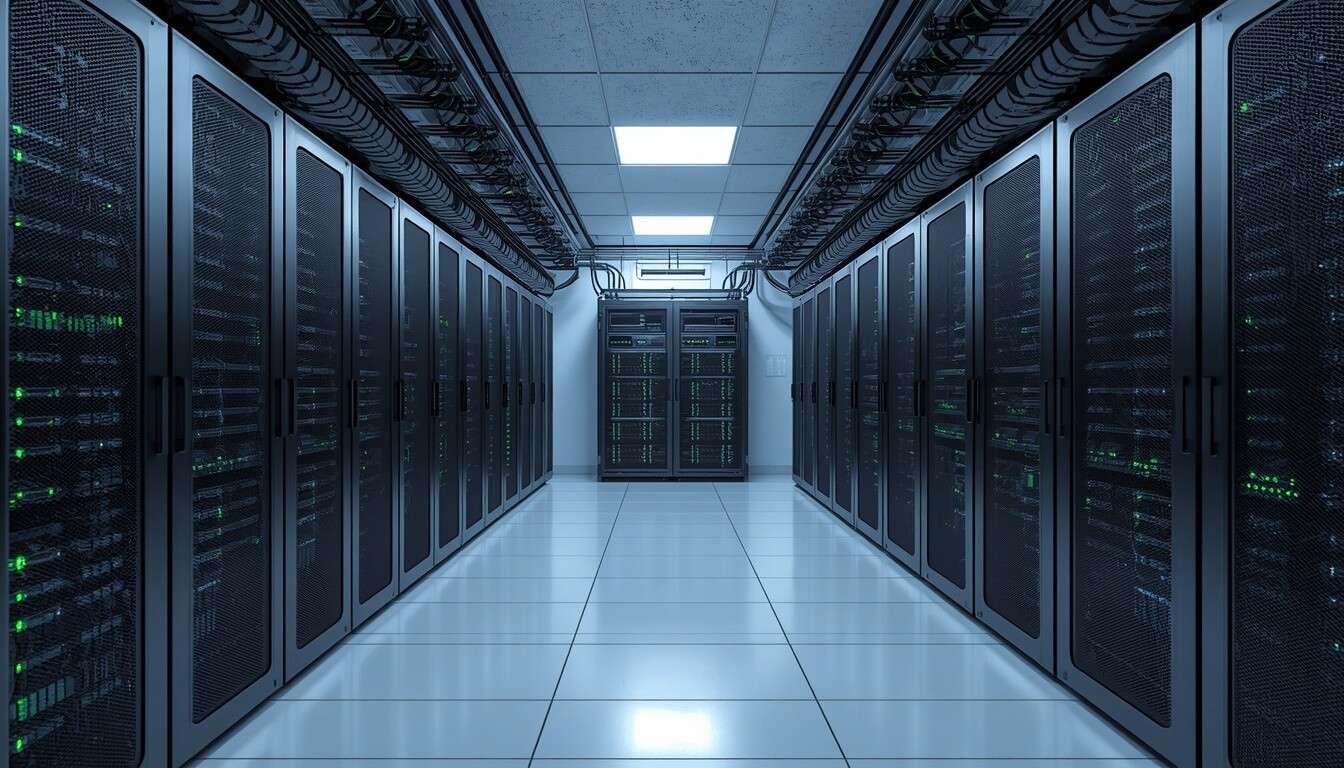 Clean server room with well-organised equipment racks, green indicator lights and tidy cable management