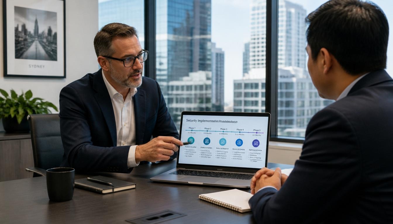 PIP technician and business client reviewing a security implementation roadmap on a laptop in a modern Sydney meeting room