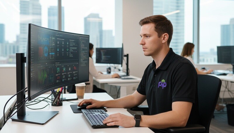 PIP IT technician reviewing a security dashboard on screen in a professional office environment