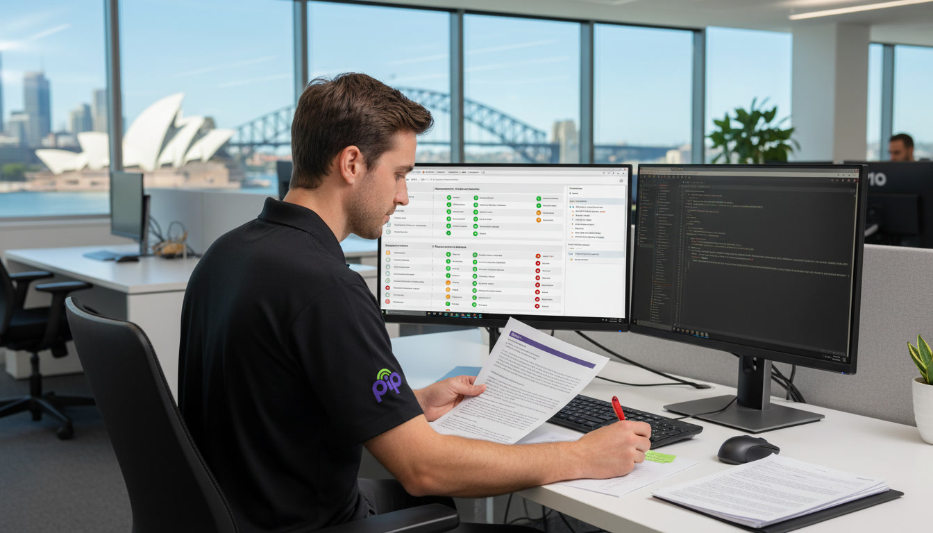 PIP technician at a dual-monitor desk reviewing a compliance dashboard with colour-coded Essential Eight maturity indicators