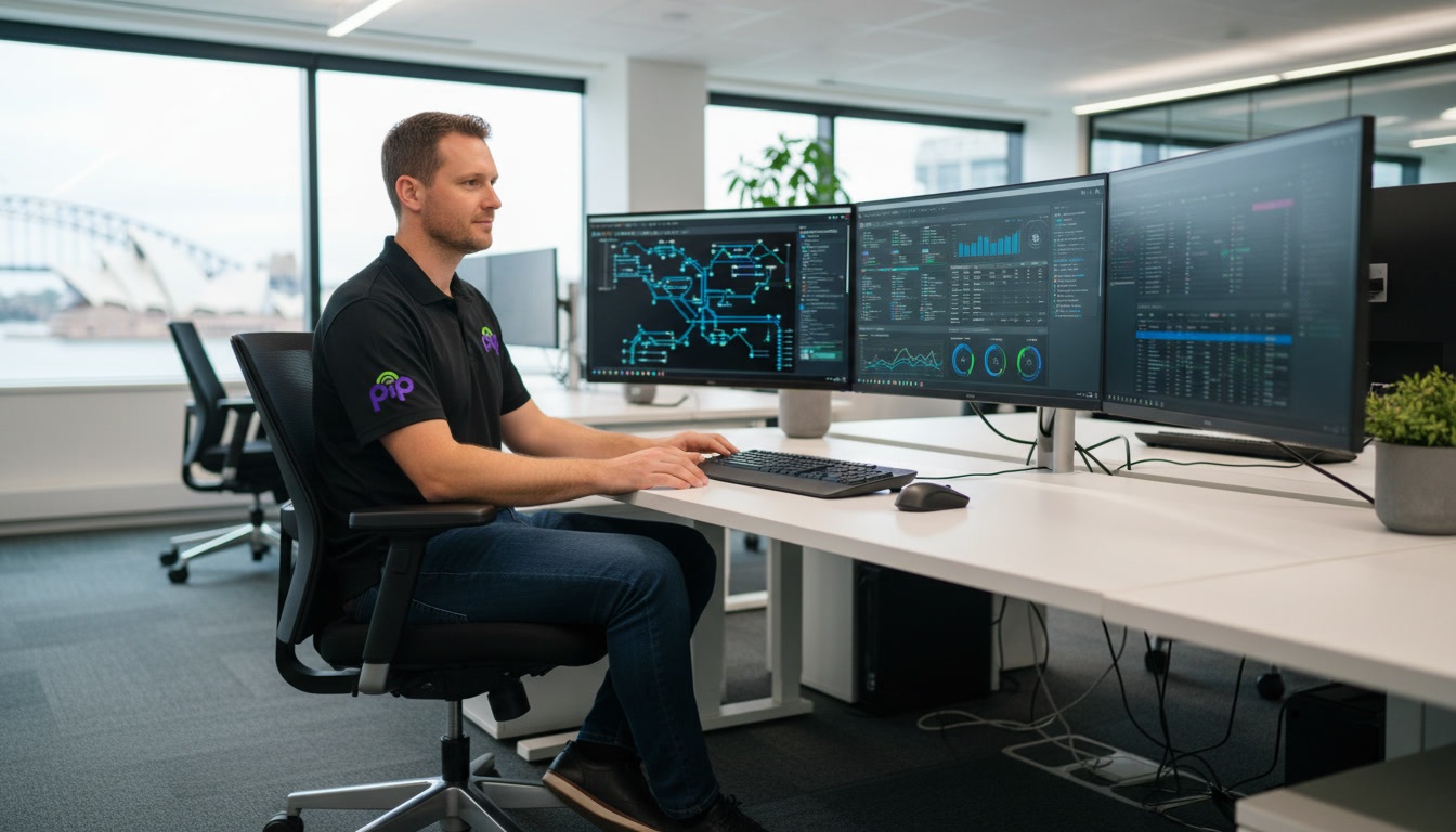 PIP technician in a black PIP polo reviewing a multi-monitor security monitoring dashboard in a clean Sydney office