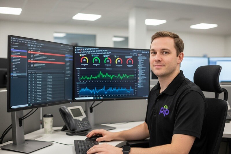 PIP IT security professional in a black PIP polo shirt at a workstation with dual monitors showing a security monitoring dashboard — threat alerts, endpoint status and a network activity graph
