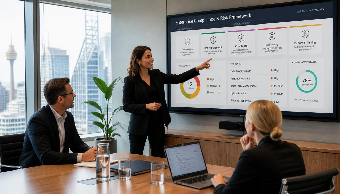 Two or three business professionals in a modern Sydney CBD boardroom reviewing a compliance framework on a wall-mounted screen