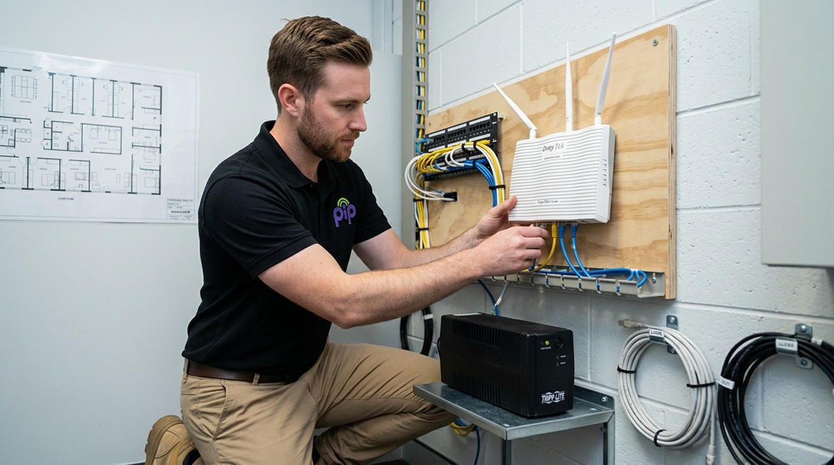 PIP technician in a black PIP polo mounting and connecting a DrayTek business router on a wall-mounted data board in a Sydney office comms room
