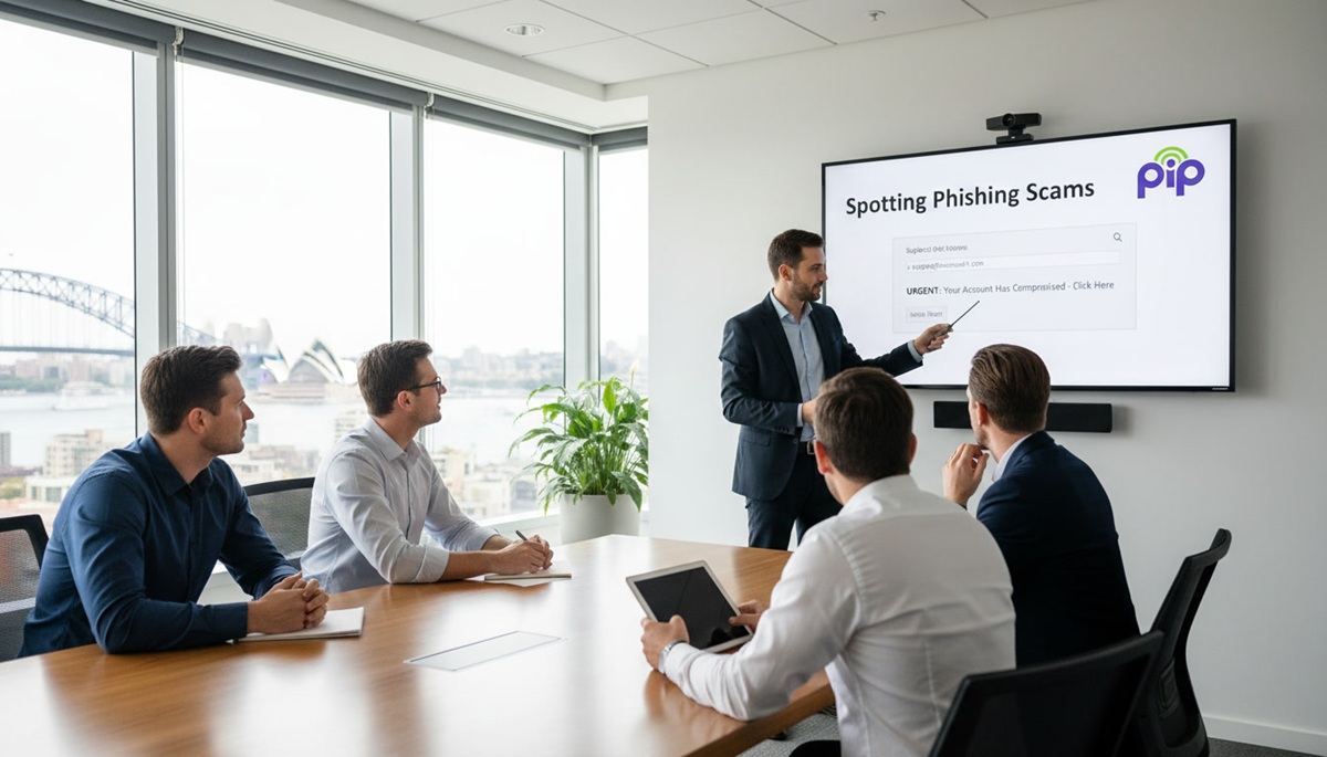 Small group of office workers in a modern meeting room participating in a security awareness training session