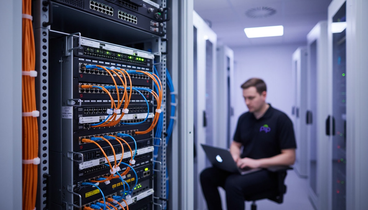 Neat rack-mounted fibre patch panel with orange and blue fibre optic leads inside PIP's Sydney Datacentre, a PIP technician in a black PIP polo reviewing a laptop in the background