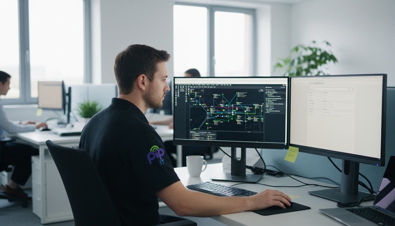 PIP technician running a service qualification address check on dual monitors