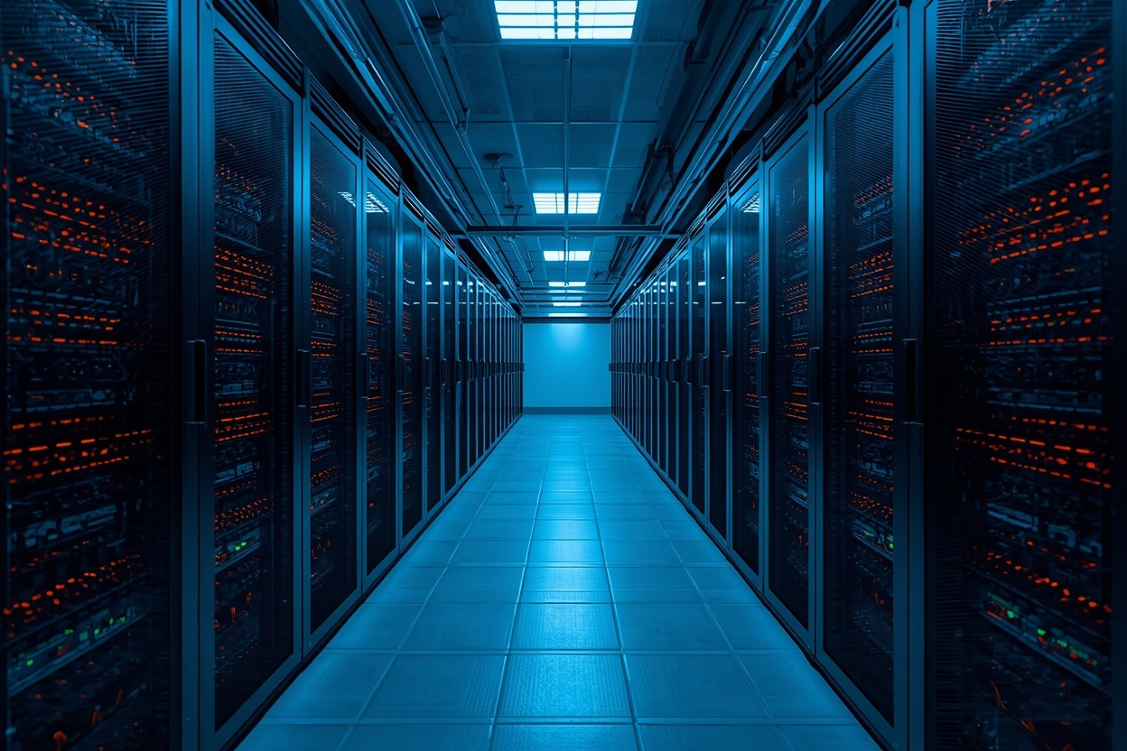 Professional server room with organised racks and active LED indicators housing Genie practice management environments
