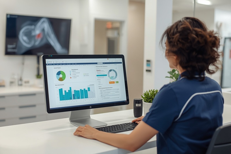 Specialist practice workstation with Genie practice management software interface on screen