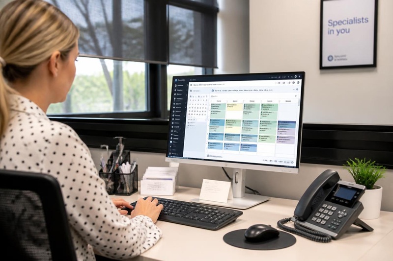 Specialist practice admin using Genie practice management software at a workstation