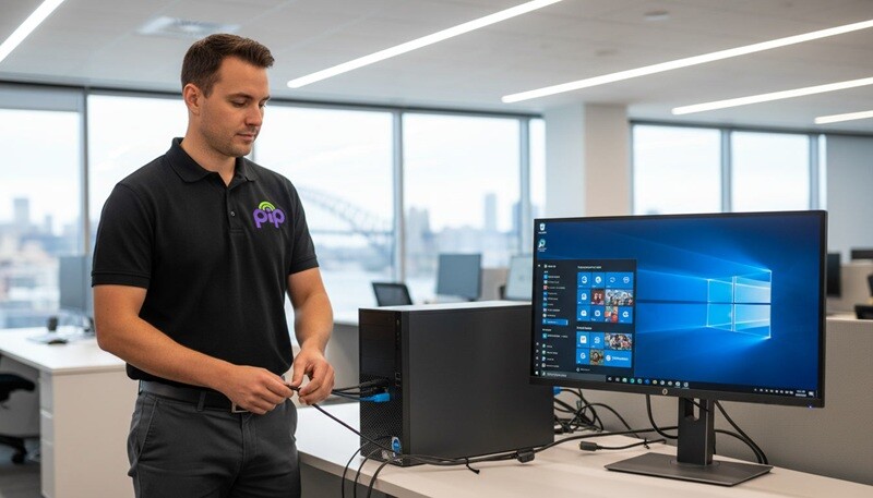 PIP technician setting up an HP EliteDesk desktop at a client desk in a Sydney office, monitor showing a Windows 11 Pro setup screen