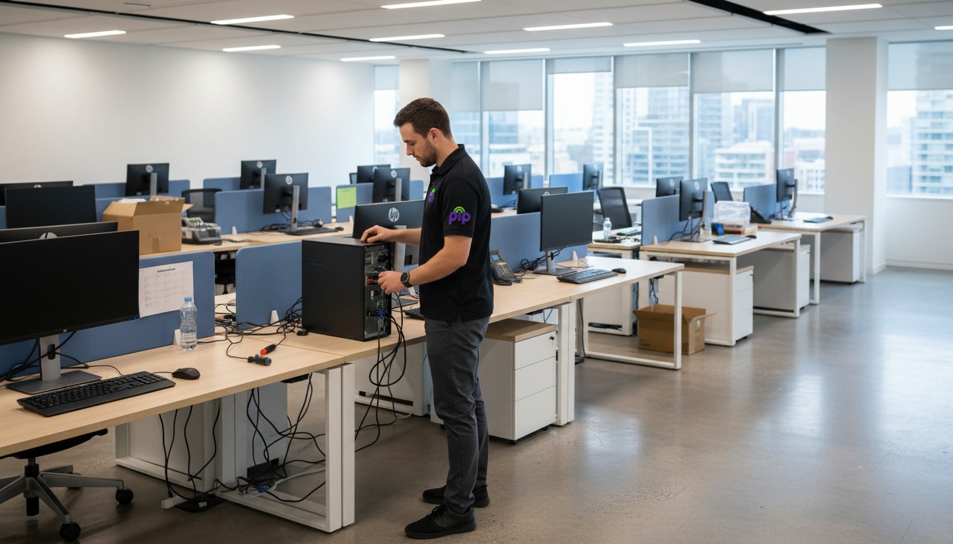 PIP technician setting up HP desktop computers during a new Sydney office fitout