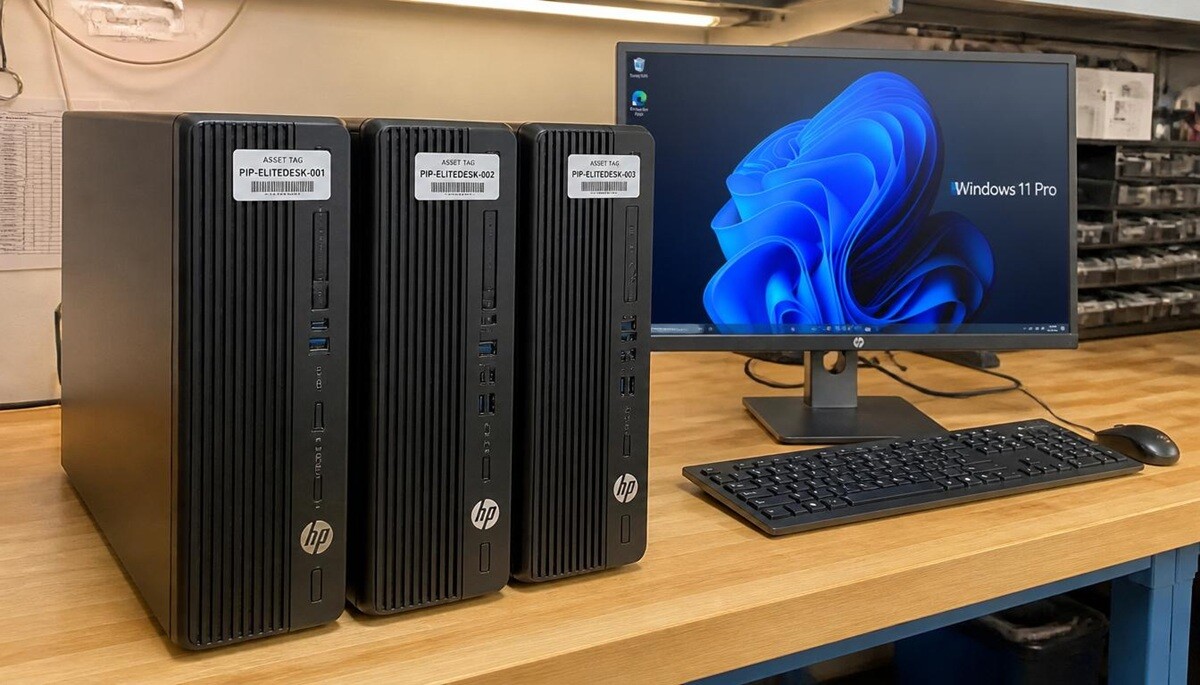 Three HP EliteDesk business desktop computers lined up on a workbench with asset tags, one showing a configured Windows 11 Pro desktop