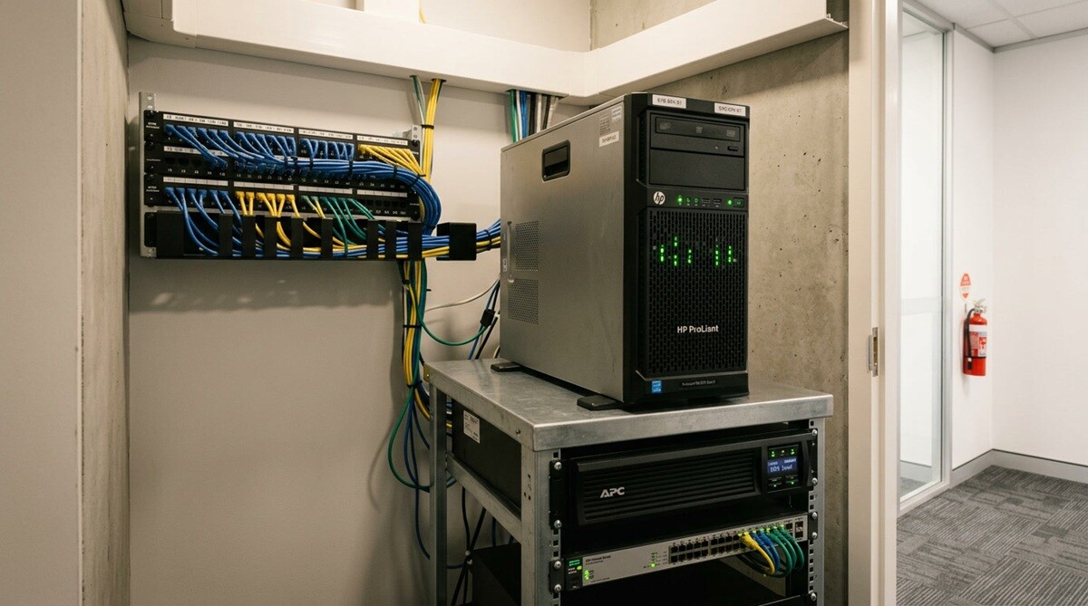 HP ProLiant tower server in a tidy small business server room with UPS and patch panel