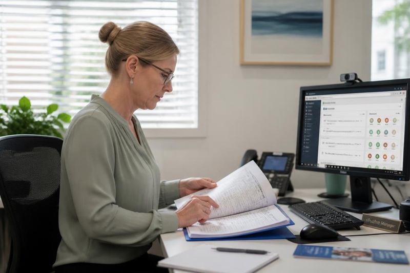 Practice manager reviewing compliance documentation at a desk in an Australian medical practice