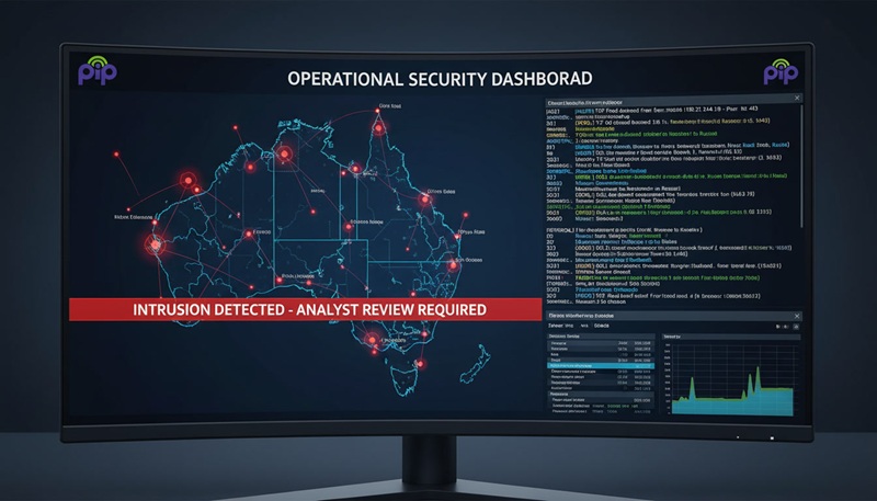 Security monitoring interface on screen with network traffic and threat detection alerts