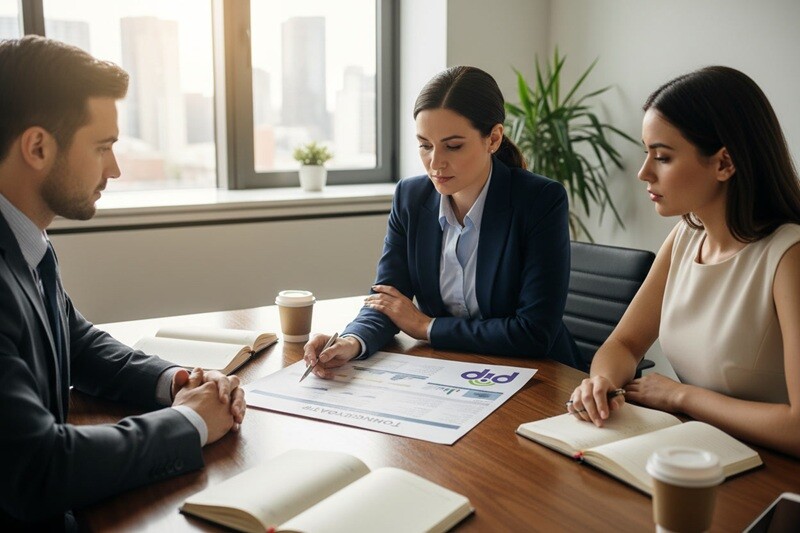 PIP IT consultant in smart casual clothing with black PIP polo shirt seated across a meeting table from two business owners in a modern Sydney office, pointing to a printed technology roadmap document with a thoughtful authoritative expression, professional relaxed meeting environment