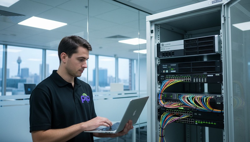 PIP technician installing an HP ProLiant server, Cisco switch and patch panel in a Sydney server room
