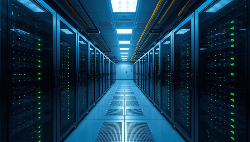 Professional server room with organised racks, active green and blue indicator LEDs and structured cabling