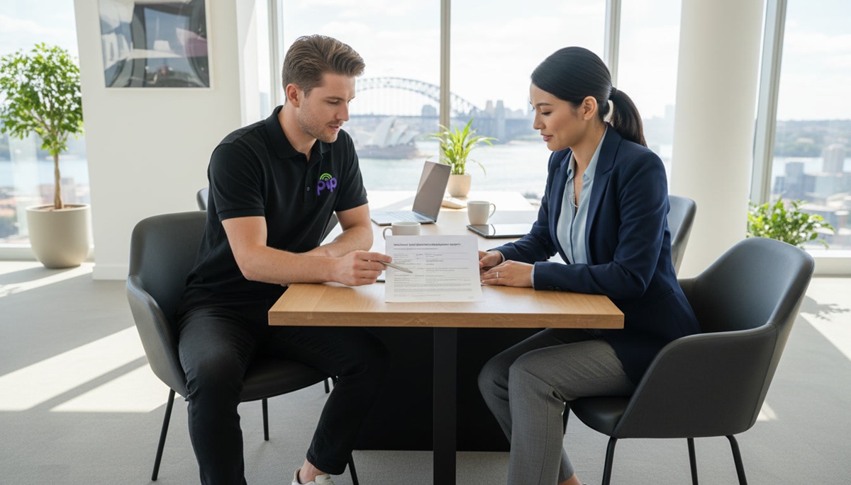 PIP technician and business client reviewing an incident report document in a Sydney office