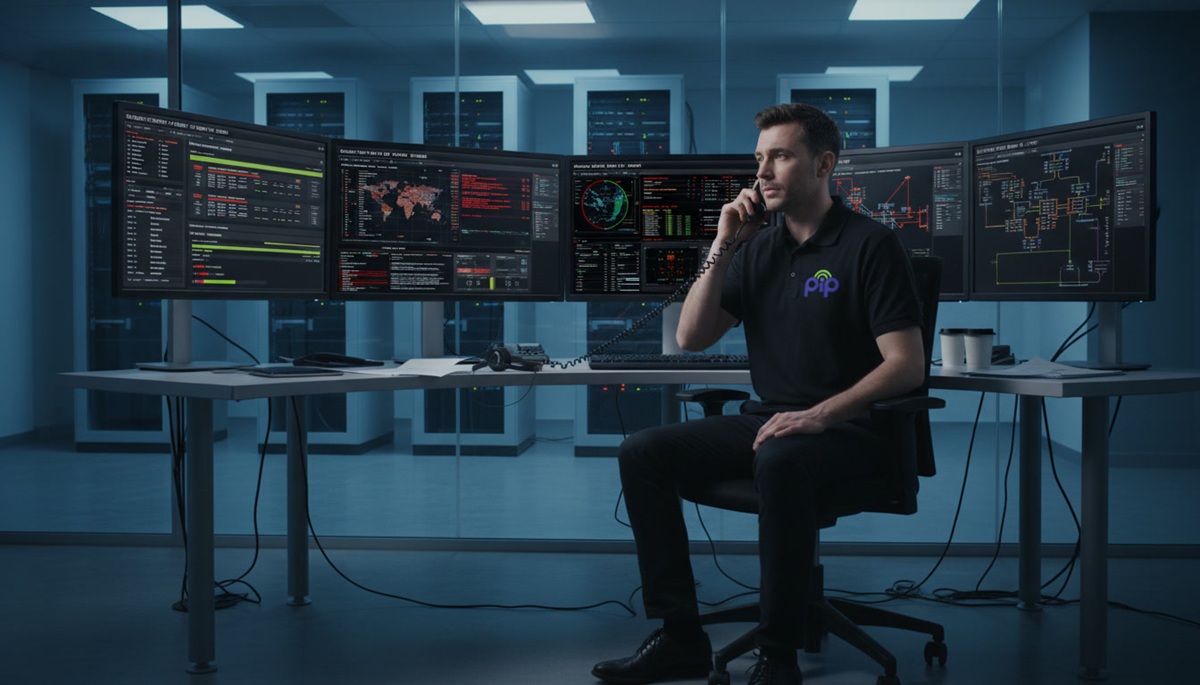 PIP technician at monitoring workstation with security alert dashboards and incident timelines